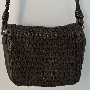 Black Woven Genuine Leather Crossbody Shoulder Bag Braid Accent, Silver Hardware